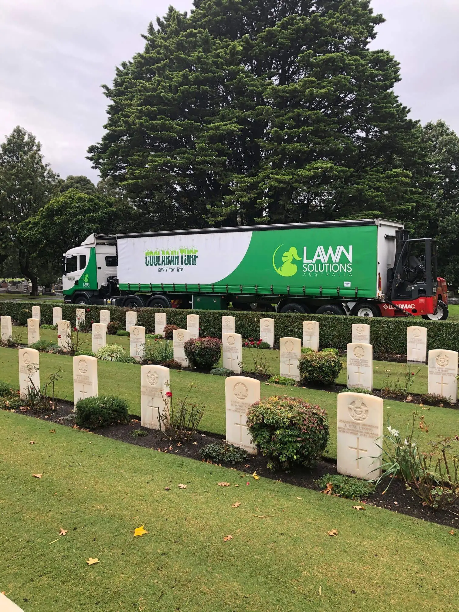 Coolabah Turf's truck at the Victoria’s Springvale War Cemetery Turf after finishing the turf-laying project